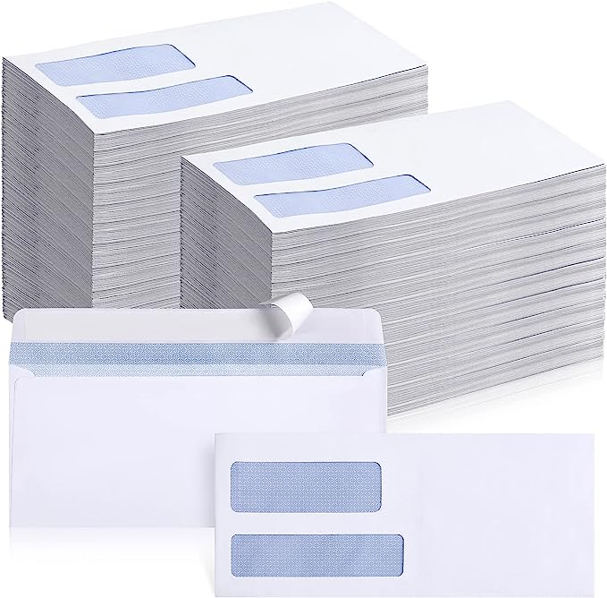 Photo 1 of 1000 Pcs #9 Double Window Security Envelopes Self Check Envelopes 3-7/8 x 8-7/8 Inch 24 LB White
