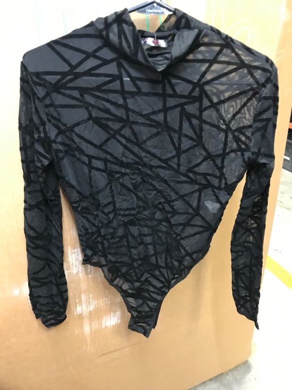 Photo 1 of  Women's Casual Geo Print Mesh Long Sleeve Stretchy Sexy Party Bodysuit L