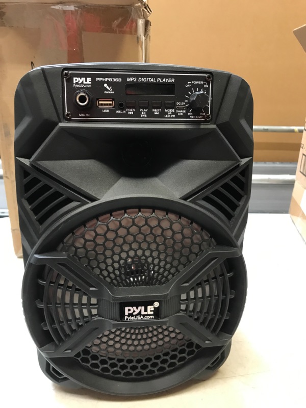 Photo 2 of Portable Bluetooth PA Speaker System - 300W Rechargeable Indoor/Outdoor Bluetooth Portable PA System w/ 8” Subwoofer 1” Tweeter, Microphone In, Party Lights, MP3/USB, Radio, Remote - Pyle PPHP836B