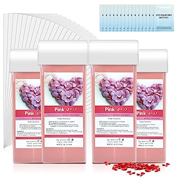 Photo 1 of 2023 New Roll on Wax, Rose Hair Removal Wax Cartridges 4 Pack, Depilatory Wax Roller Refill Waxing Kit with Strips 50Pcs and Wax Wipes 16Pcs, Roll on Wax Kit for Leg, Arm, Underarm