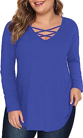 Photo 1 of Amoretu Womens' Plus Size Tops with Short/Long Sleeve Criss Cross Neck
