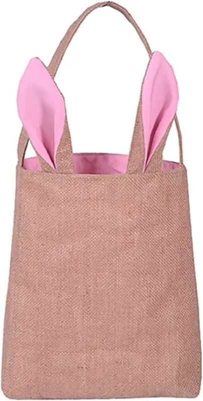 Photo 1 of Easter Egg Hunt Basket Bag - Bunny Rabbit Ear Design - Reusable Grocery Shopping Baskets - Kids Party Gift Bags - Baby Shower and Book Storage by Jolly Jon (Burlap/Pink Ears)
