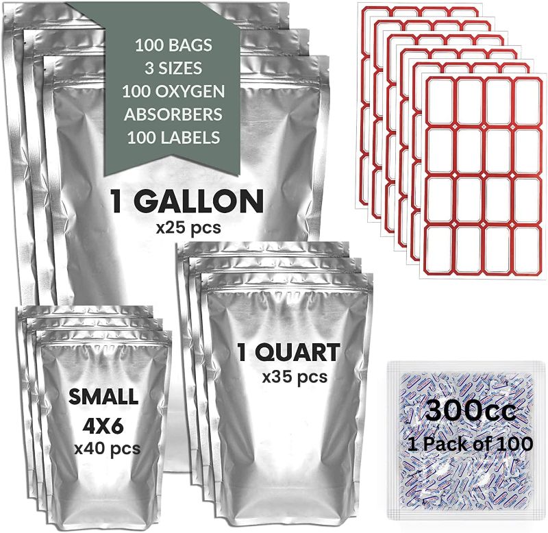 Photo 1 of 100 MYbag Mylar Bags for Food Storage With Oxygen Absorbers 5 Mil Thick 300cc Labels, 4"x6" Resealable Mylar Bag for Candy, Packaging,Long Term Storage,Variety Pack of 10"x14", 6"x9"
