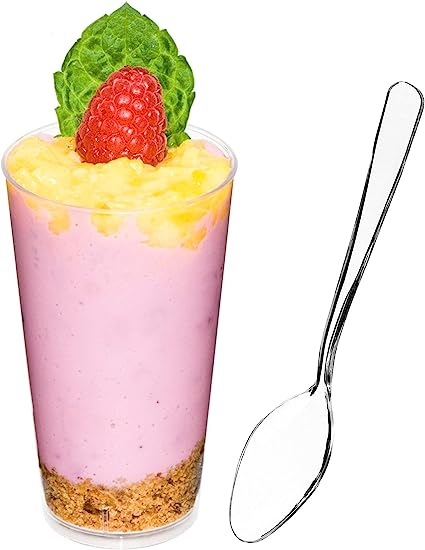 Photo 1 of  3 oz Mini Dessert Cups with Spoons, Shooter - Clear Plastic Parfait Appetizer Cup - Small Reusable Shot Glass for Tasting Party Shooters Desserts Appetizers 