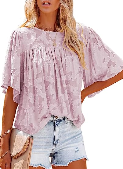 Photo 1 of Asvivid Womens Crewneck Ruffle 3/4 Bell Sleeve Blouse Babydoll Tops Lace Shirts Casual Loose Summer Tops LARGE