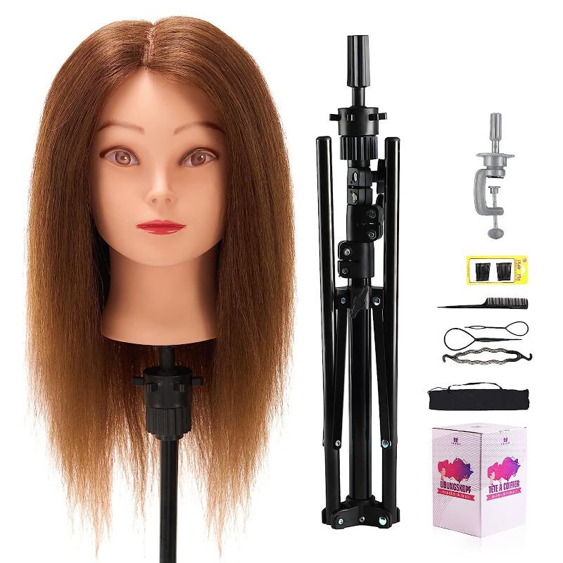 Photo 1 of 100% Mannequin Head Human Hair,18 Inch Dark Brown Mannequin Head with Stand,Real Hair Braiding Cosmetology Manikin Head with Wig Stand Tripod,Doll Head for Hair Styling Training with Table Clamp,Practice Set