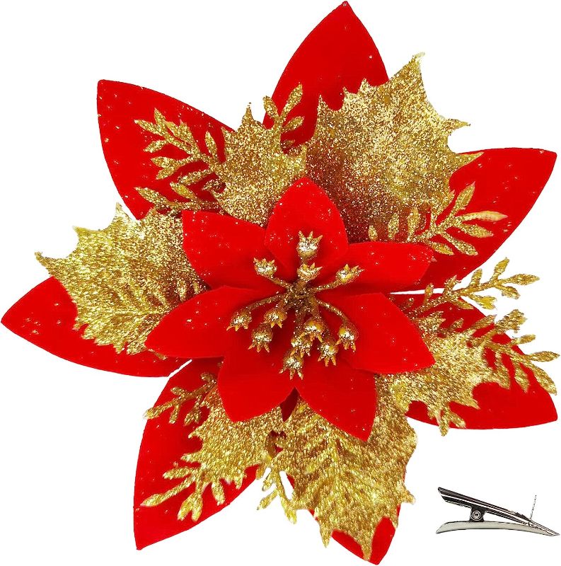 Photo 1 of  20PCS Christmas Flowers Artificial with Clip, Christmas Poinsettia Flowers with Glitter Powder Decorations for Christmas Tree Garland Christmas Wreath Indoor Decorations (Gold Red)