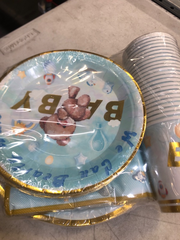 Photo 1 of Baby Shower Plates Cups and Napkins, Teddy Bear Baby Shower Decorations Boy, Perfect for Baby Showers, Party, Birthdays