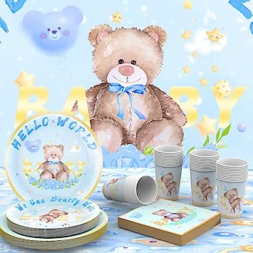 Photo 1 of Baby Shower Plates Cups and Napkins, Teddy Bear Baby Shower Decorations Boy, Perfect for Baby Showers, Party, Birthdays