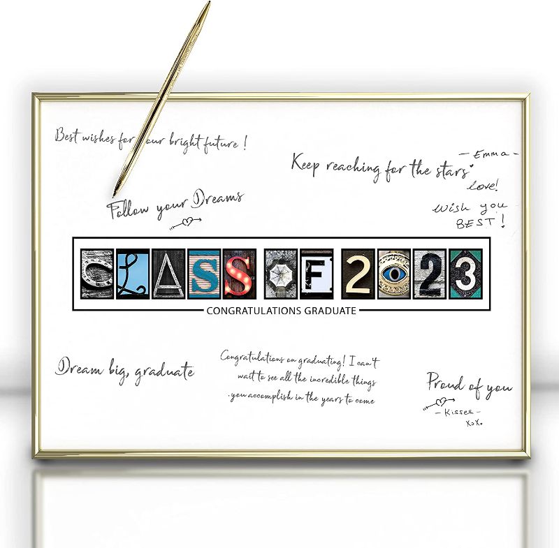 Photo 1 of Framed Class of 2023 Graduation Party Decorations 12"X16" Gold- Guest Book Alternative - Gold Pen Included, Table Centerpiece Sign Poster Ready to Hang & Stand - Signature Board Gift for Him & Her