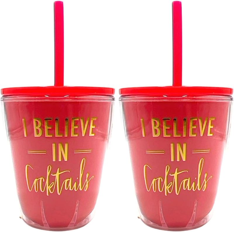 Photo 1 of  Pink Acrylic Double-Wall Tumbler Set, I Believe in Cocktails, Insulated Tumblers with Lids and Straws for Pools, Beaches, and Lakes, Pack of 2, 10 Ounces