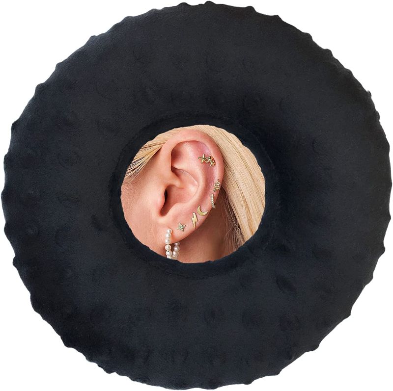 Photo 1 of  Ear Hole Piercing Pillows for Ear Pain Side Sleeping CNH Pillow Pressure Sore Pain Relief Ear Guard Protector Lifesaver Tinnitus Support Neck Head, Minky Dot Black