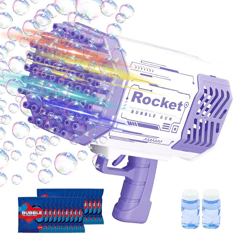 Photo 1 of Bubble Gun Bazooka Bubble Machine with Colorful Lights 69 Holes Bubbles Maker for Kids Outdoor Toys Adults Boys Girls Birthday Wedding Party Favors Summer Gifts(Purple)