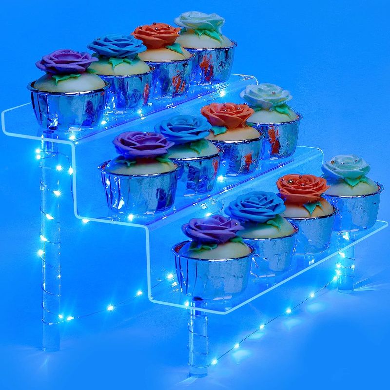 Photo 1 of Acrylic Display Riser, 3 Tier Cupcake Stand with Light, Clear Display Shelf Holder Organizer for Dessert, POP Firgures,Perfume, Cosmetics, Spices, Collections