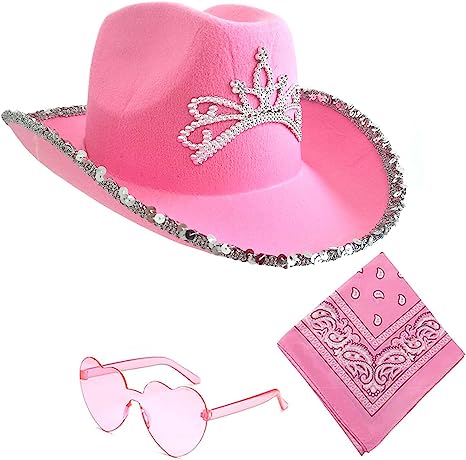 Photo 1 of Cowboy Cowgirl Hat Pink with Heart Shaped Sunglasses Bandanas Christmas Cow Costume Accessories for Girl,Boy,Adults