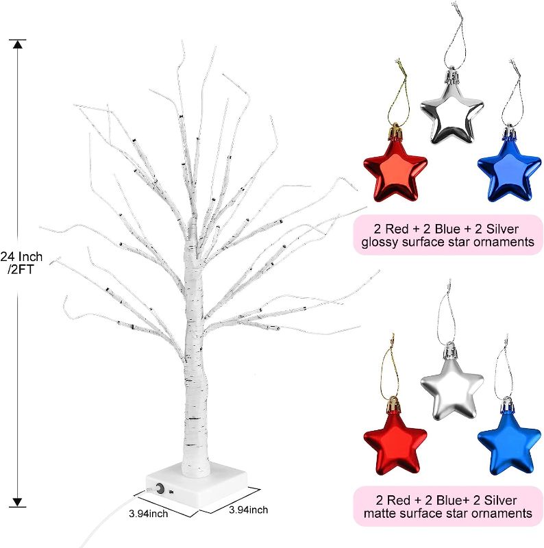 Photo 1 of 24Inch 4th of July Decorations Lighted Birch Tree,USB&Timer&Battery Operated Light Up Artificial Tree for Fourth of July Decorations Independence Day Decorations Memorial Day Decorations