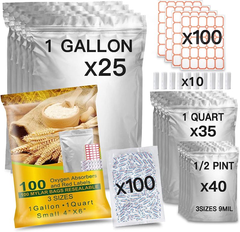 Photo 1 of 100 Packs Reusable Mylar Bags with Oxygen Absorber 1 Gallon( 9.44 Mil,10"x14" 6"x9" 4.3"x6.3" ) Mylar Bags for food storage for Grains, Wheat, Rice, Legumes, Meat Long Term Food Storage Home Organization