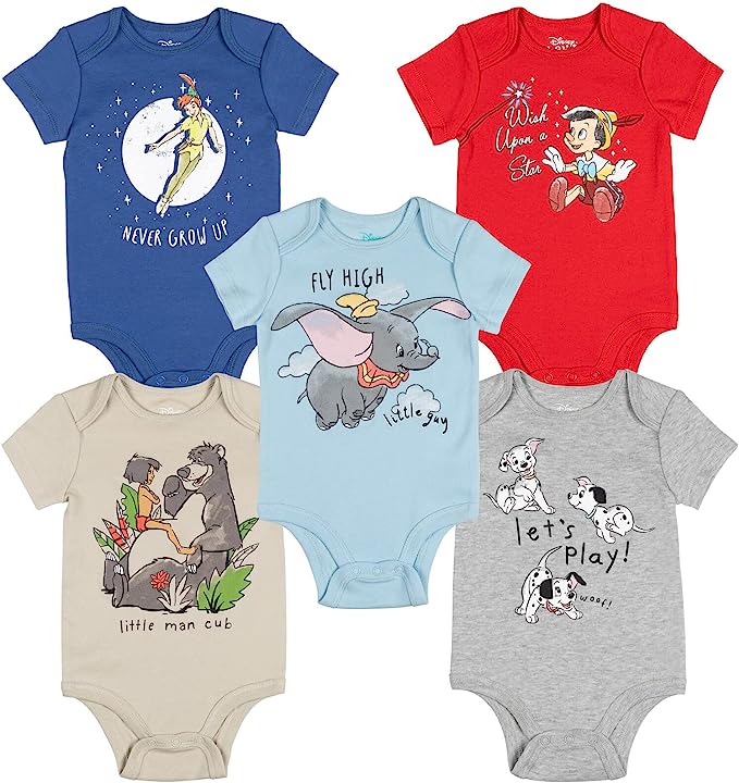 Photo 1 of Disney Classics 101 Dalmatians Dumbo Peter Pan Pinocchio Baloo 5 Pack Bodysuit, SIZE 24 M 