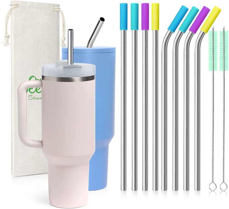 Photo 1 of 8 Piece 5/16 inch Wide Stainless Steel Straws for Stanley 40 oz Tumbler with Handle, 12 Inch Long Reusable Metal Drinking Straws, Replacement Straws with Silicone Tips & Cleaning Brush, Silver