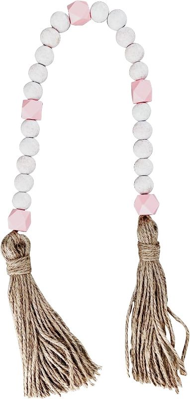 Photo 1 of 25" Decorative String of Wooden Beads Garland with Tassels - Pink / Distressed White Wood Beads with Jute Rope Tassel for DIY Craft, Project, Wedding, Birthday, Party, Holidays & Home Decoration