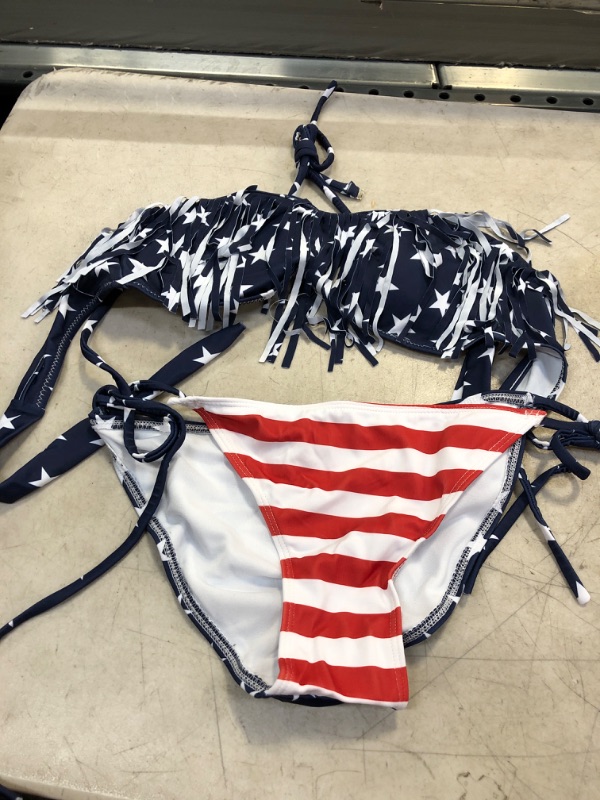 Photo 2 of Fashion Sexy Lady Padded Athletic Two-Piece USA American Flag Fringe Tassel Swimsuits