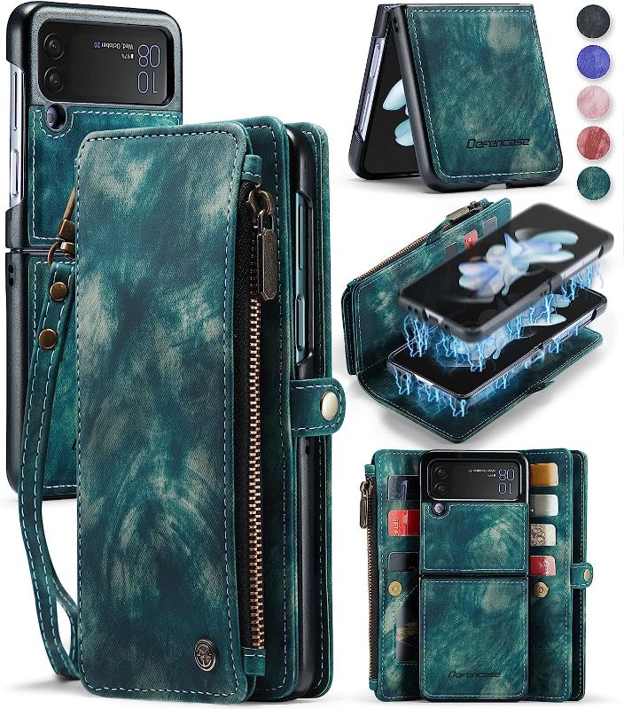 Photo 1 of Defencase Z Flip 4 Wallet Case, Detachable Card Holder, PU Leather, Wristlet Strap, Magnetic Removable for Samsung 5G - Blue