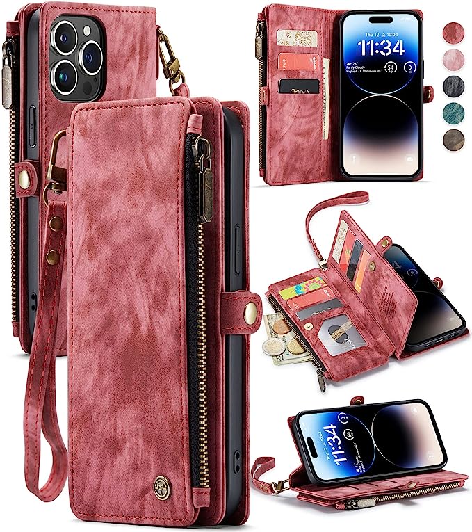 Photo 1 of Defencase iPhone 14 Pro Max Wallet Case, PU Leather, Magnetic Buckle, Wristlet, Zipper Card Holder - Red