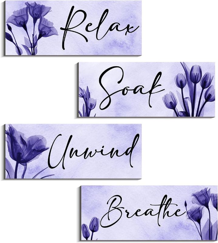 Photo 1 of 4 Pcs Elegant Bathroom Wall Decor Sign Tulip Relax Soak Unwind Breathe Wall Art Farmhouse Rustic Wood Plaque Vintage Wooden Printed Sign Hanging Bathroom Spa Decor (relax-romantic purple)