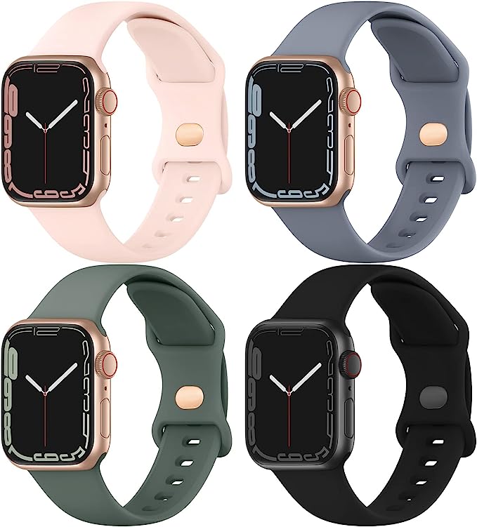 Photo 1 of Compatible with Apple Watch Band 38mm 40mm 41mm 42mm 44mm 45mm 49mm, Soft Silicone Sport Straps Replacement Wristbands for iWatch Series 8 7 6 5 4 3 2 1 SE Ultra Women Men, 4 Packs
