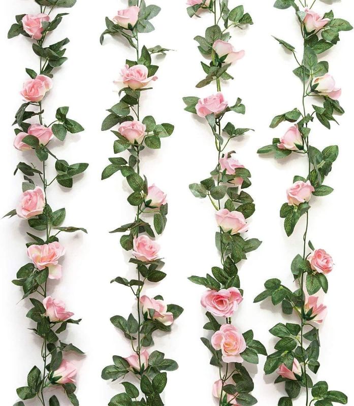 Photo 1 of 2PCS(16FT) Fake Rose Vine Garland Artificial Flowers Plants for Hotel Wedding Home Party Garden Craft Art Decor (Pink)