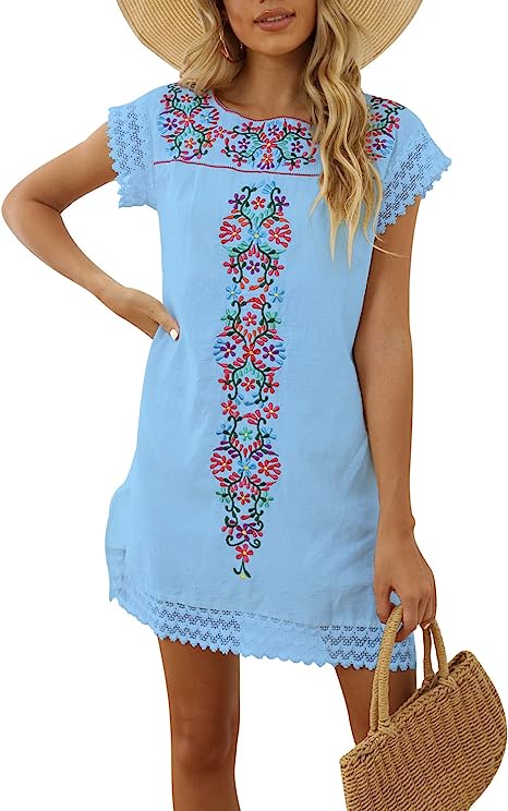 Photo 1 of  Summer Dresses for Women Mexican Dress Peasant Midsommar Traditional Embroidered Ruffle Beach Coverup, SIZE M 
