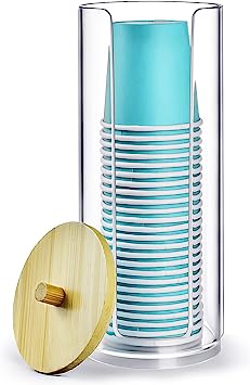 Photo 1 of  Bathroom Cup Dispenser, Compact Mouthwash Cup Holder for 3-4 oz Disposable Paper Cups, Clear Acrylic Small Cup Dispenser with Bamboo Lid for Vanity Countertops