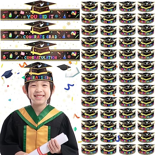 Photo 1 of 240 Pieces Preschool Graduation Paper Caps Crowns for Kids Adjustable Paper Hats for Kindergarten Student Grad Ceremony Party Congrats Grad Hats Headbands for Kids Party Favors Multicolor