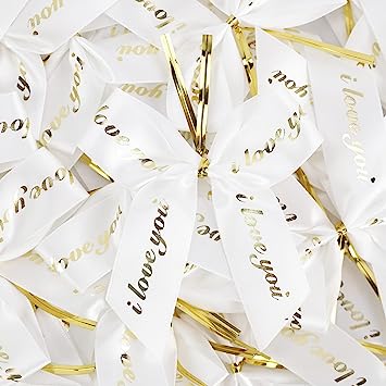 Photo 1 of AIMUDI White Bows with Twist Tie for Wedding Favors White and Gold Bows I Love You Ribbon Bows for Gift Wrapping Premade Bows for Treat Bags Candy Apple Valentine's Day Bridal Shower -50 Counts