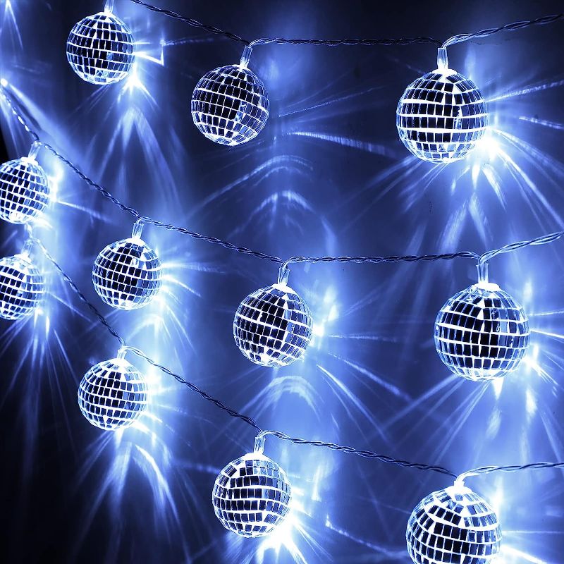 Photo 1 of 40 LED Disco Ball String Lights Decorations 9.8 ft Mirror Disco Light Battery Operated Ball Globe Ornaments for Christmas Wall Tree Indoor Outdoor Party Supply, White Silver
