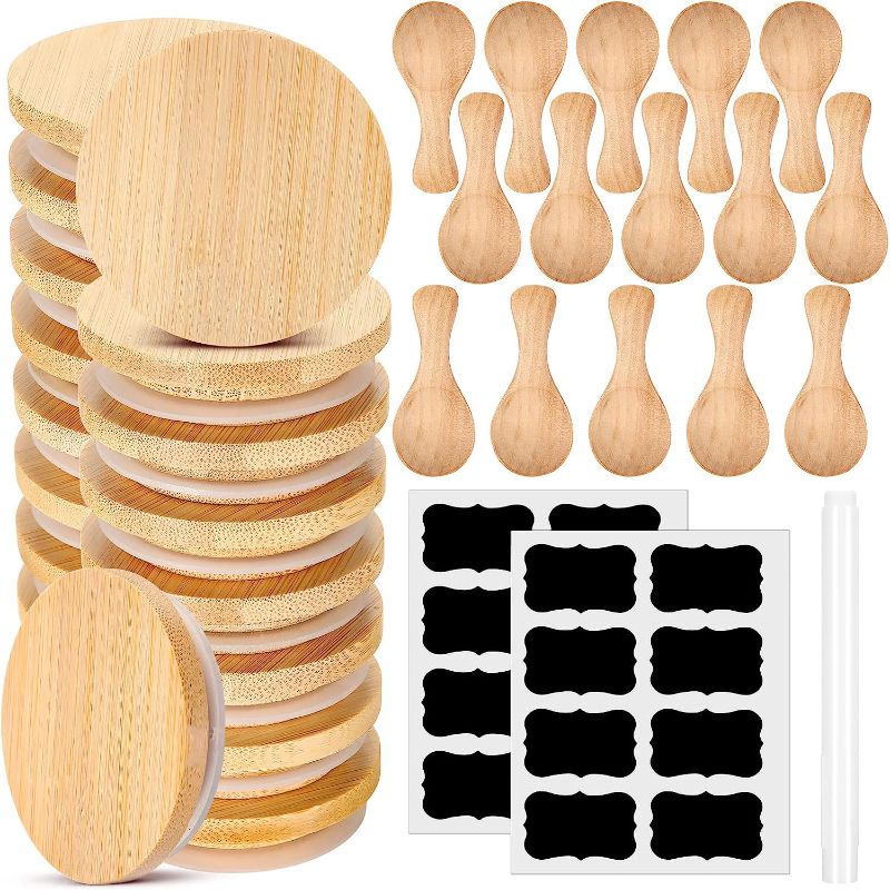 Photo 1 of 15 Pcs 2.64 Inch Yogurt Jar Lids with 15 Mini Wood Spoons Mason Jar Lids Regular Mouth Bamboo Reusable Mason Jar Lids with Silicone Sealing Rings Label Stickers Chalk Markers for Canning Glass Bottle
