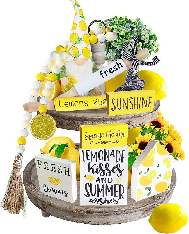 Photo 1 of 3PCS Lemon Tiered Tray Decor,Summer Tiered Tray Decor,Lemon Kitchen Decor Rusticl Farmhouse Wooden Signs,Lemon Rolling Pin,Lemon Bead Garland for Everyday Tier Tray Home Decor(Tray Not Included)
