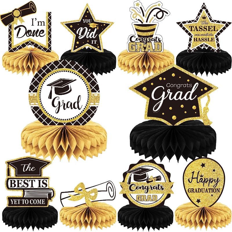 Photo 1 of 10PCS Class of 2023 Graduation Party Decorations 2023 Congrats Grad Honeycomb Centerpieces Congratulate Graduation Table Toppers for Graduation Party Favor Supplies(Black Gold)
