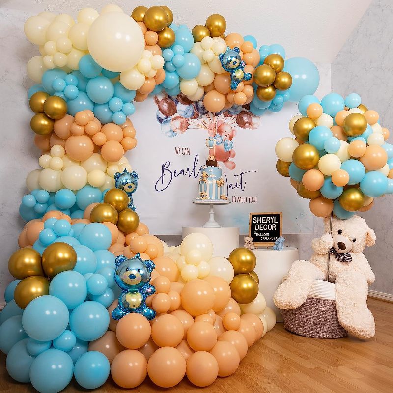 Photo 1 of 100pc, EASY DIY – Teddy Bear Balloon Garland & Arch with BONUS Teddy Balloon – Blue and Brown Teddy Bear Baby Shower Balloons for Boy – We Can Bearly Wait Baby Shower Decorations For Boy Theme
