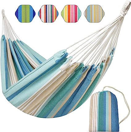 Photo 1 of 
Brazilian Hammock for Single Person, Cotton Hammock Portable Blue Hammock with Carry Bag for Backyard, Porch, Outdoor and Indoor Use Blue & Green Stripes