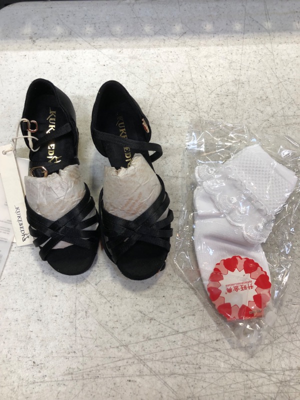 Photo 3 of kukebedi Silk Children Latin Dancing Shoes for Girls International Friendship Tango Knitted Straps Latin Dance Shoes + A Pair of White Dance Socks 10
