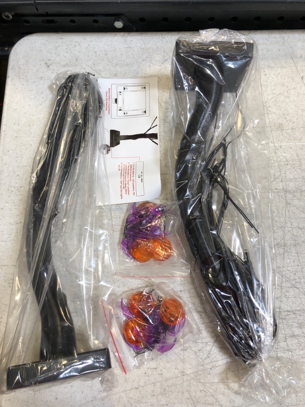 Photo 1 of 2 Pack 18 Inch Orange & Purple Lighted Halloween Spooky Tree Decor with Timer 48 LED DIY 6 Pumpkins & 6 Bats Battery Operated Tabletop Artificial Black Tree Halloween Decor for Indoor Home Holiday