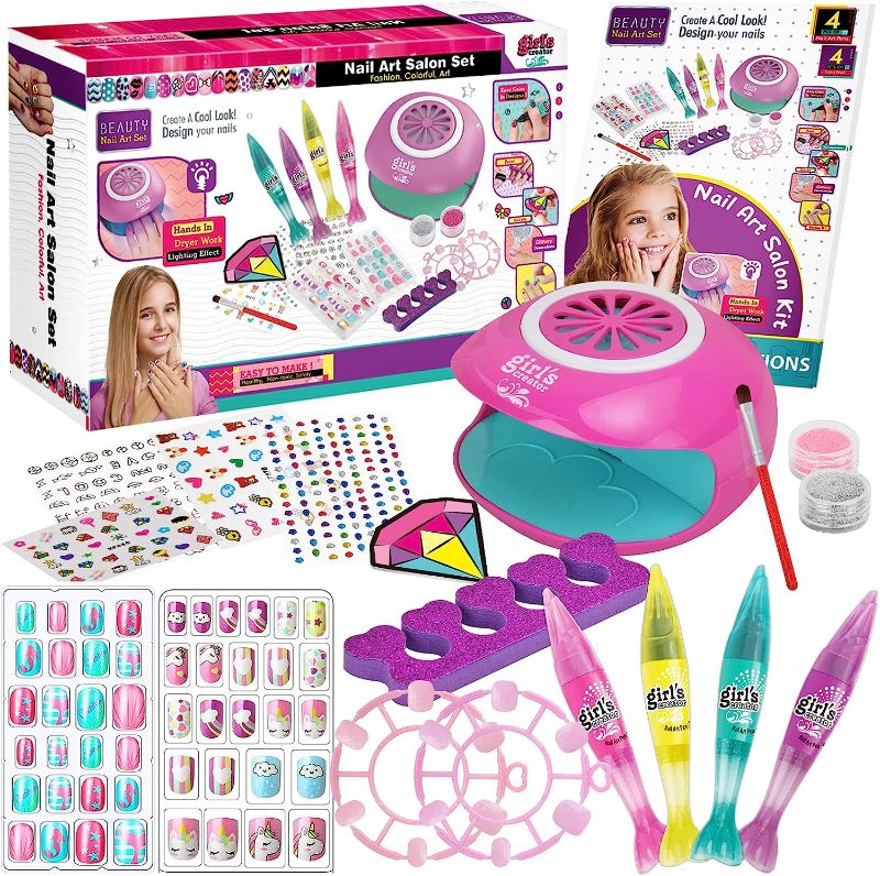 Photo 1 of Amagoing Nail Art Kit for Girls, Kids Nail Polish Play Set with Nail Dryer, 2 in 1 Nail Pens,Sticky Cartoon Fake Nail, DIY Sticker, Nail Studio Decoration Birthday Christmas Gift for Kids Age 6-12
