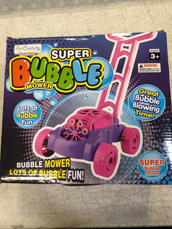 Photo 3 of ArtCreativity Bubble Lawn Mower for Toddlers | Electronic Bubble Blower Machine | Fun Bubbles Blowing Push Toys for Kids | Bubble Solution Included | Christmas Birthday Gift for Girls, Pink and Purple