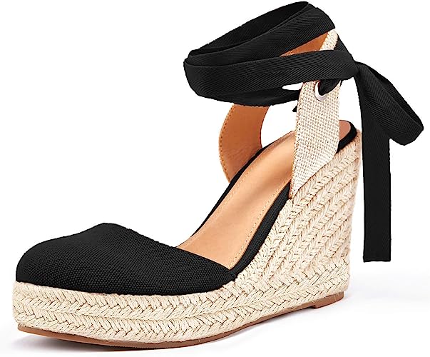 Photo 1 of Ermonn Womens Espadrilles Wedge Sandals Platform Closed Toe Ankle Strap Lace Up Summer Shoes 9.5
