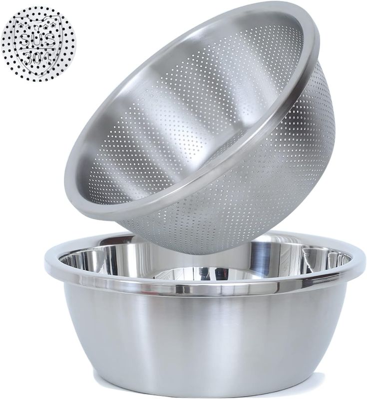 Photo 1 of 304 Stainless Steel Microporous Colander, 2-Qt Large Capacity with Mixing Bowl For washing vegetables, fruit and rice and for draining cooked pasta. (2PC) (2QT)
