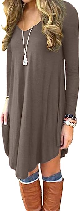 Photo 1 of DEARCASE Women's T Shirt Dress Long Sleeve V-Neck Brown Casual Loose Flowy Swing Dresses Small 
