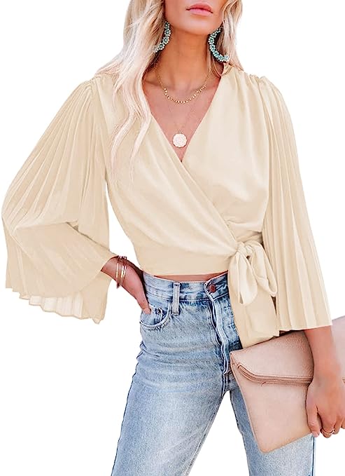 Photo 1 of Asvivid Women's Casual V Neck Wrap Blouses Long Bell Sleeve Chiffon Shirts Self Tie Knot Crop Tops XL
