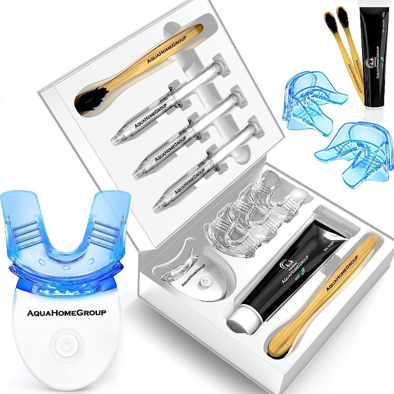 Photo 1 of Aquahomegroup Teeth Whitening Kit with LED Light and Gel - Set with Charcoal Toothpaste and Brushes - Tooth Whitening System All in One Carbamide Peroxide (Packaging May Vary)

