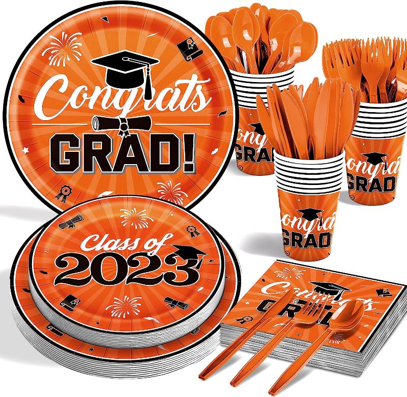 Photo 1 of 2023 Orange Black Graduation Party Supplies(Serve 24) Congrats Grad Disposable Tableware Set-Paper Plate Cup Napkin Plastic Knive Spoon Fork for Class of 2023 Decorations Graduation Party Supplies
